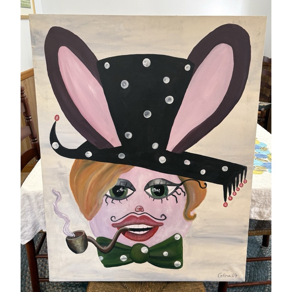 Original Acrylic On Canvas Rabbit Camp Drag King Signed Celina - Large 29"x36"